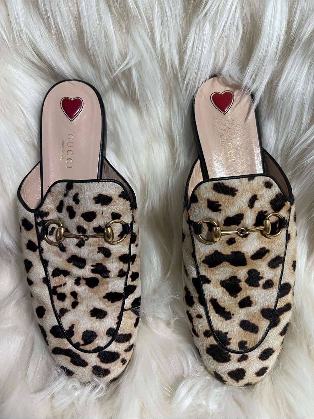 Authentic Gucci Princetown Horsebit Mules Leopard Calf Hair | Size 38.5